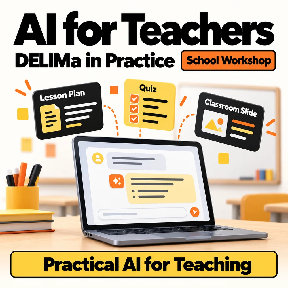AI for Teachers: DELIMa in Practice, diilustrasikan dengan komputer riba serta kad rancangan pengajaran, kuiz dan slaid bilik darjah.