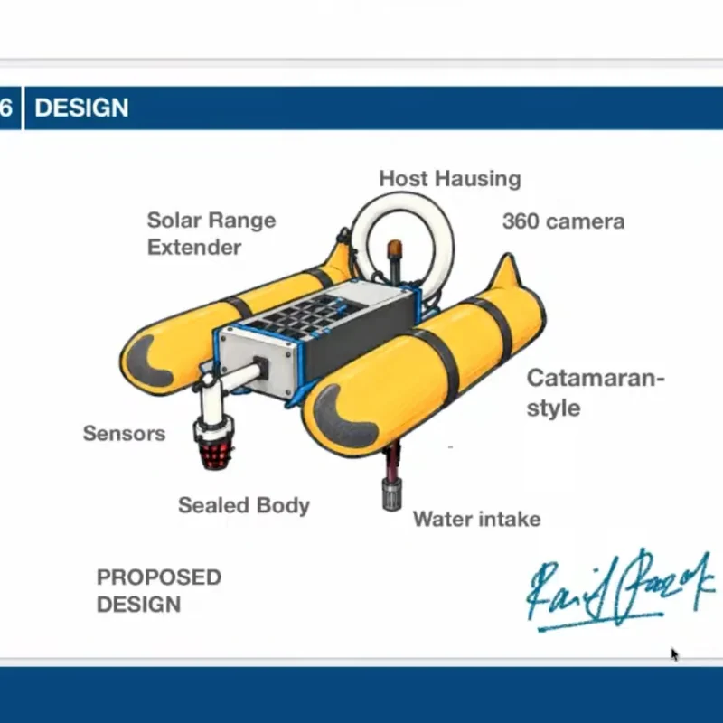 LakeRover concept design showing a yellow floating rover with labelled components.