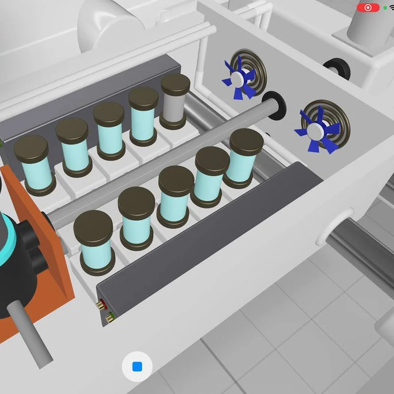 A 3D project model with cylindrical components and propellers, demonstrated on iPad.