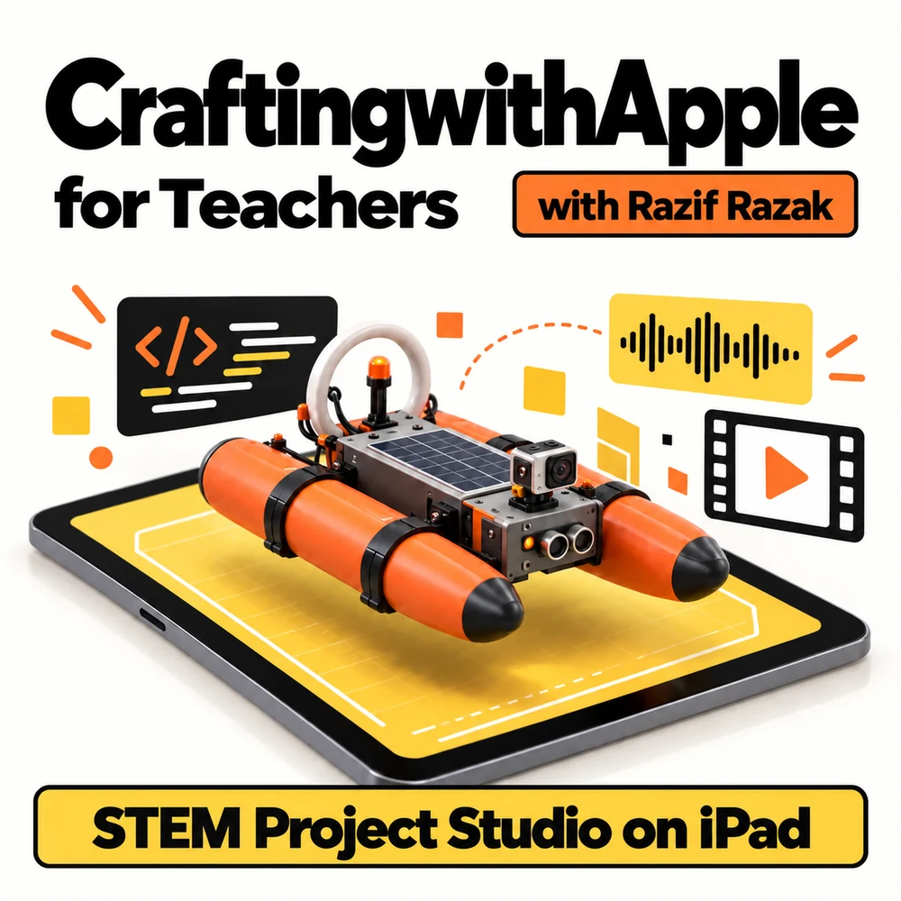 CraftingWithApple for Teachers with Razif Razak — STEM Project Studio on iPad, illustrated with a tablet, rover, code, audio and video motifs.