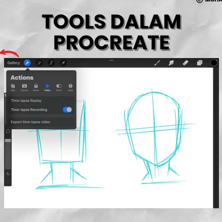 Pratonton modul Procreate yang menunjukkan tools lakaran dan panduan struktur kepala.
