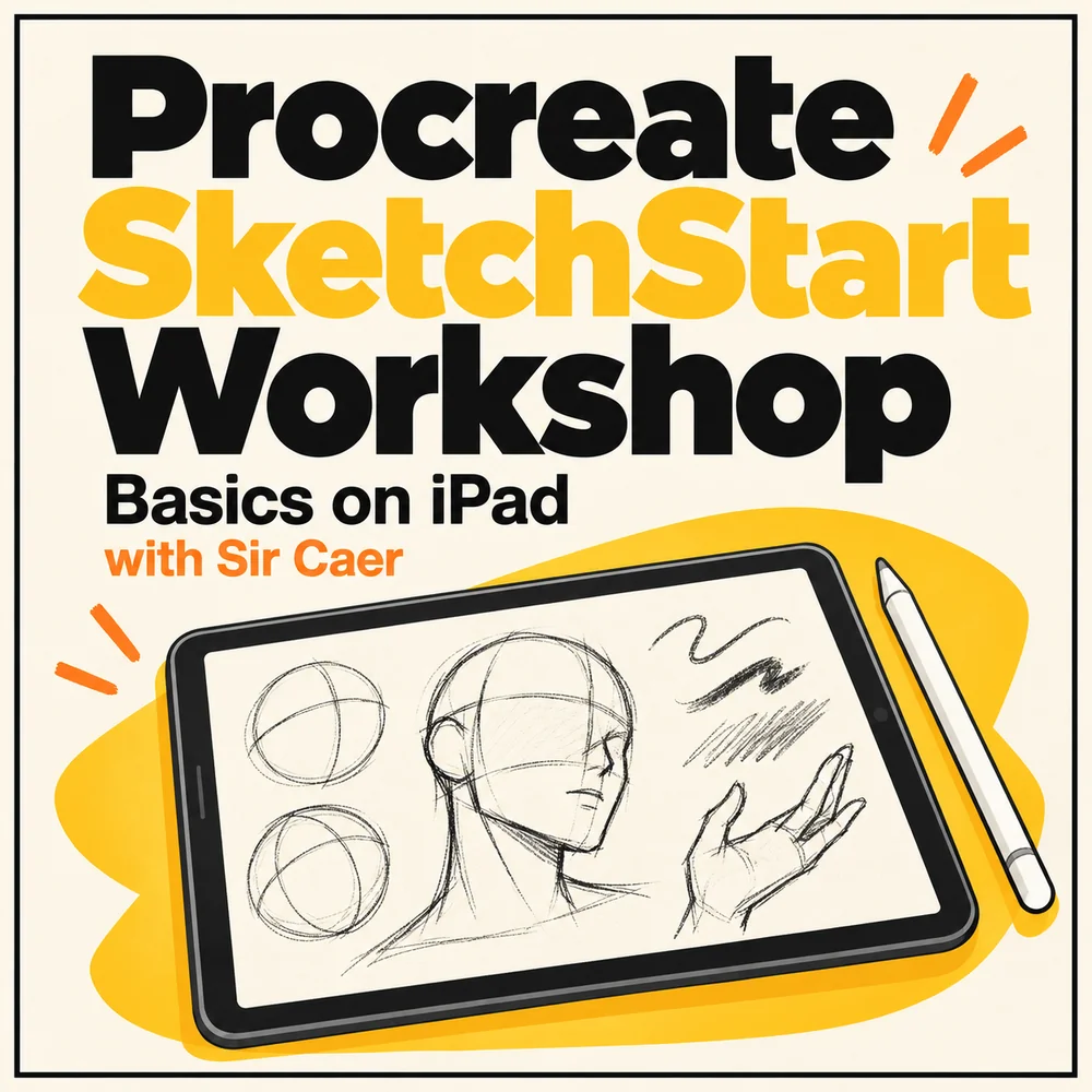 Procreate SketchStart Workshop bersama Sir Caer — asas Procreate di iPad, dengan ilustrasi tablet dan lakaran digital.